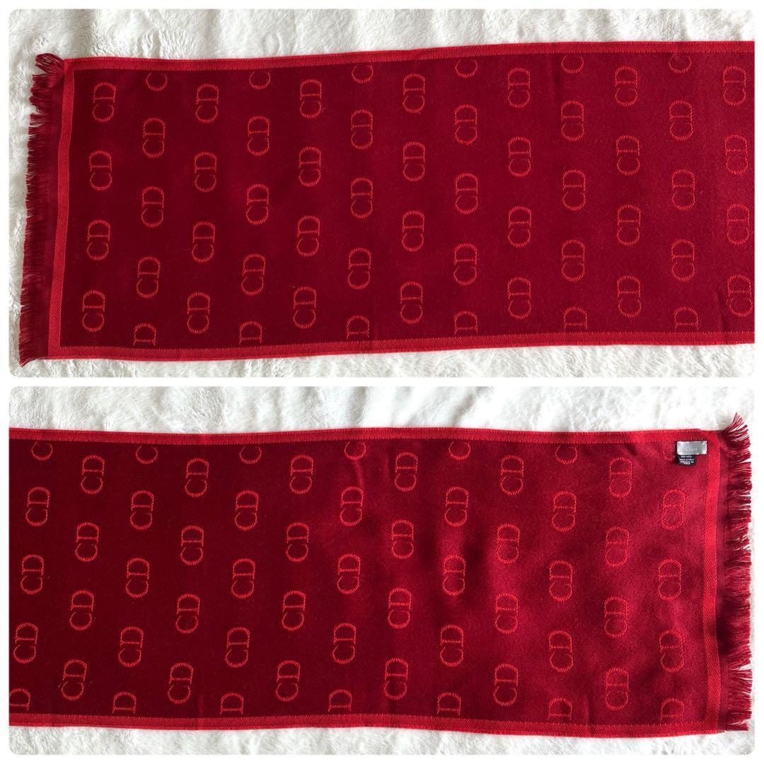 クリスチャンディオール ウール CDロゴ フリンジマフラー レッド