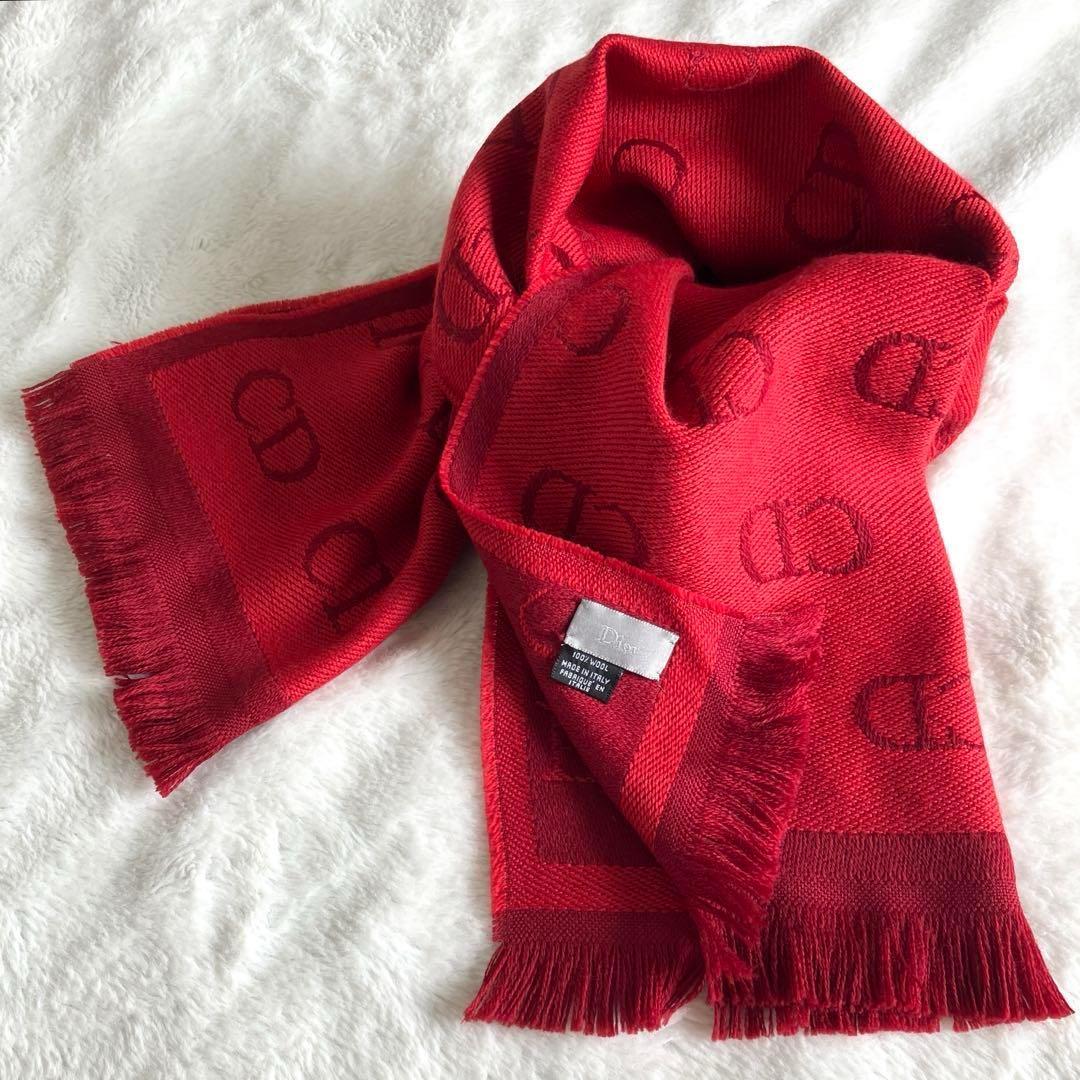 クリスチャンディオール ウール CDロゴ フリンジマフラー レッド
