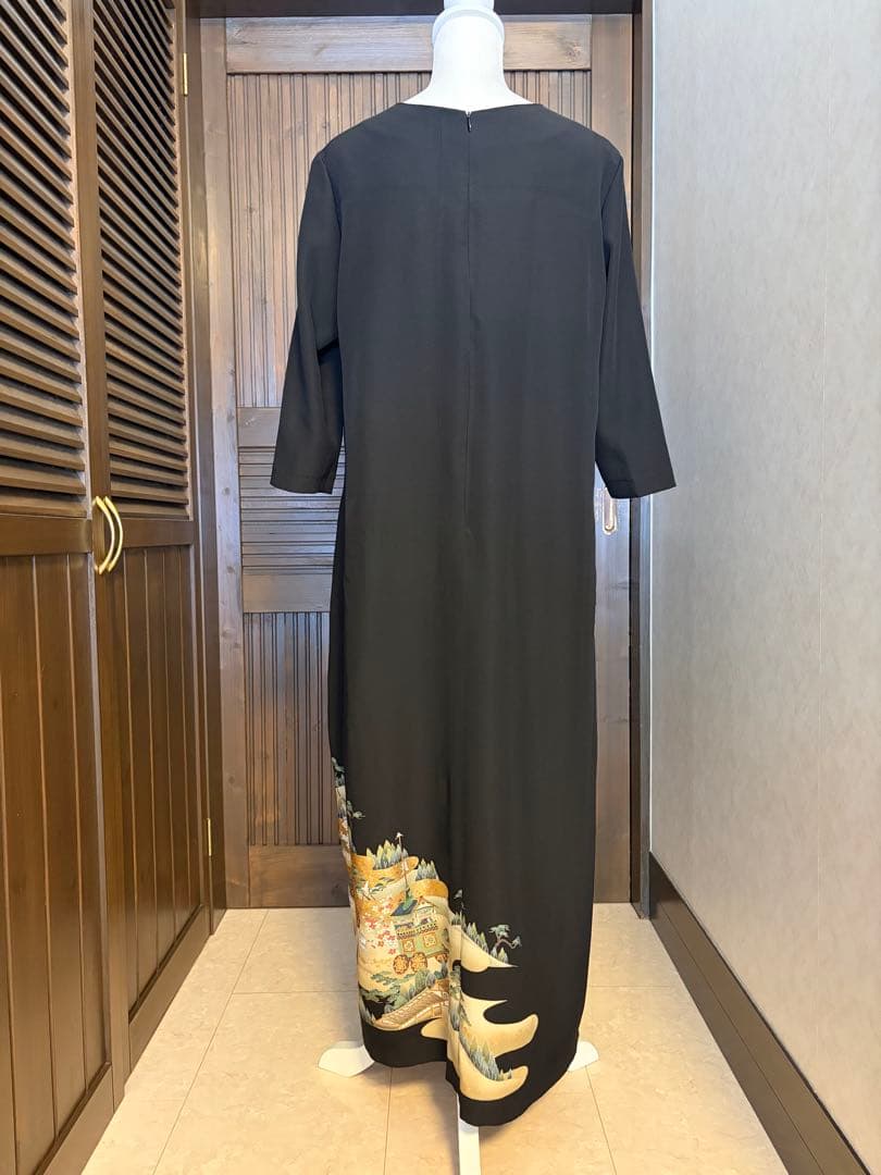 着物リメイク　黒留袖　ロングワンピース　　ゴールド　山車　作家物
