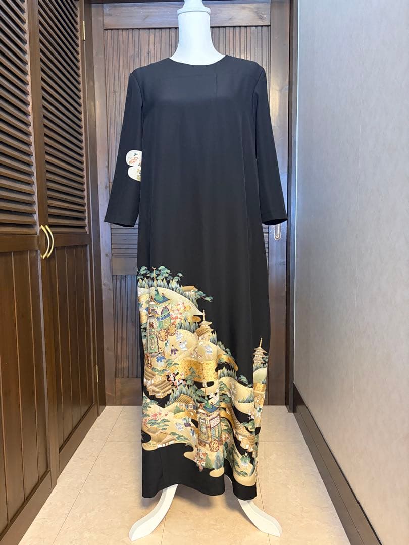 着物リメイク　黒留袖　ロングワンピース　　ゴールド　山車　作家物