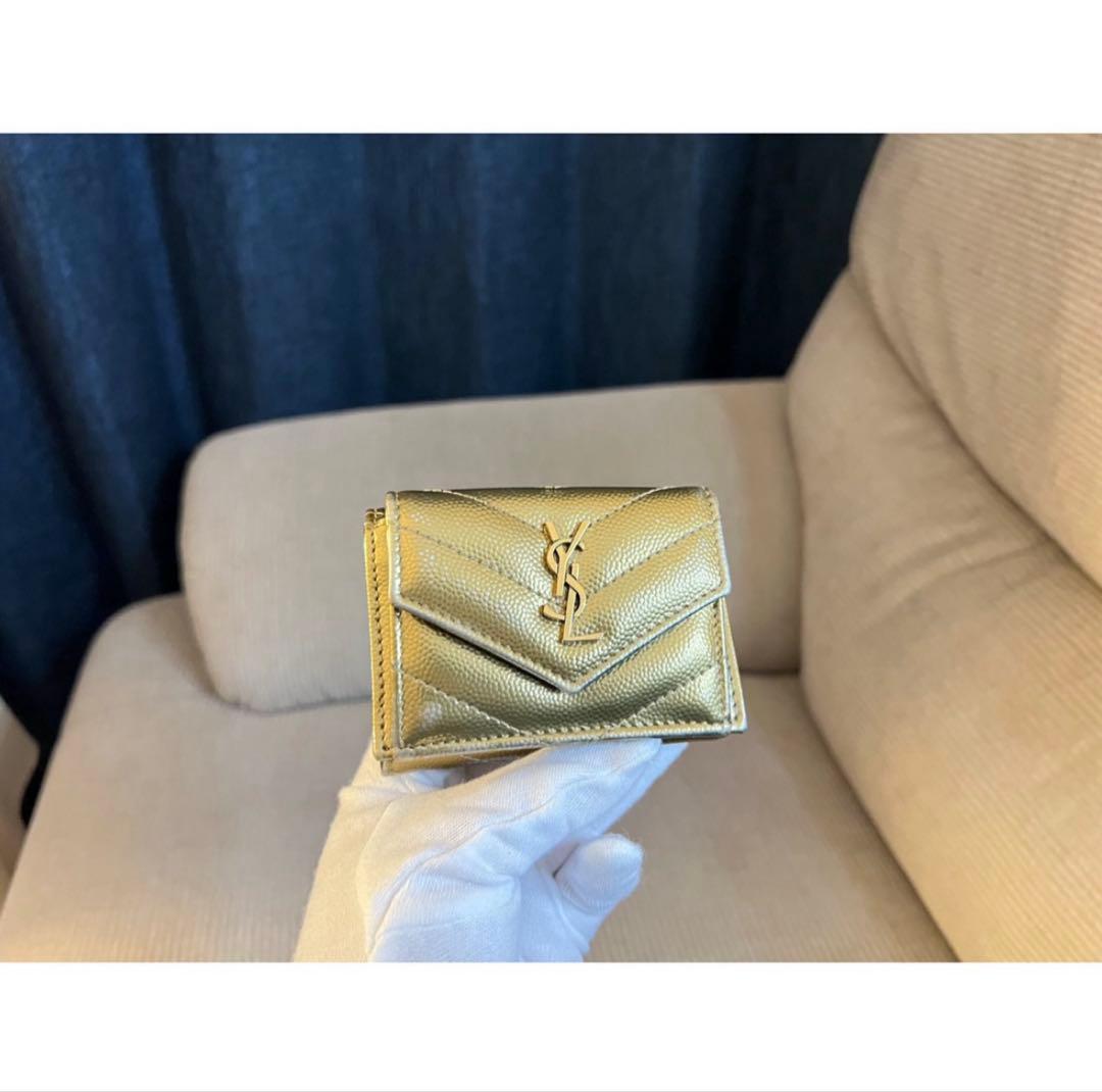値下げ◎YSL サンローラン三つ折り財布Wallet ウォレットミニ財布ゴールド