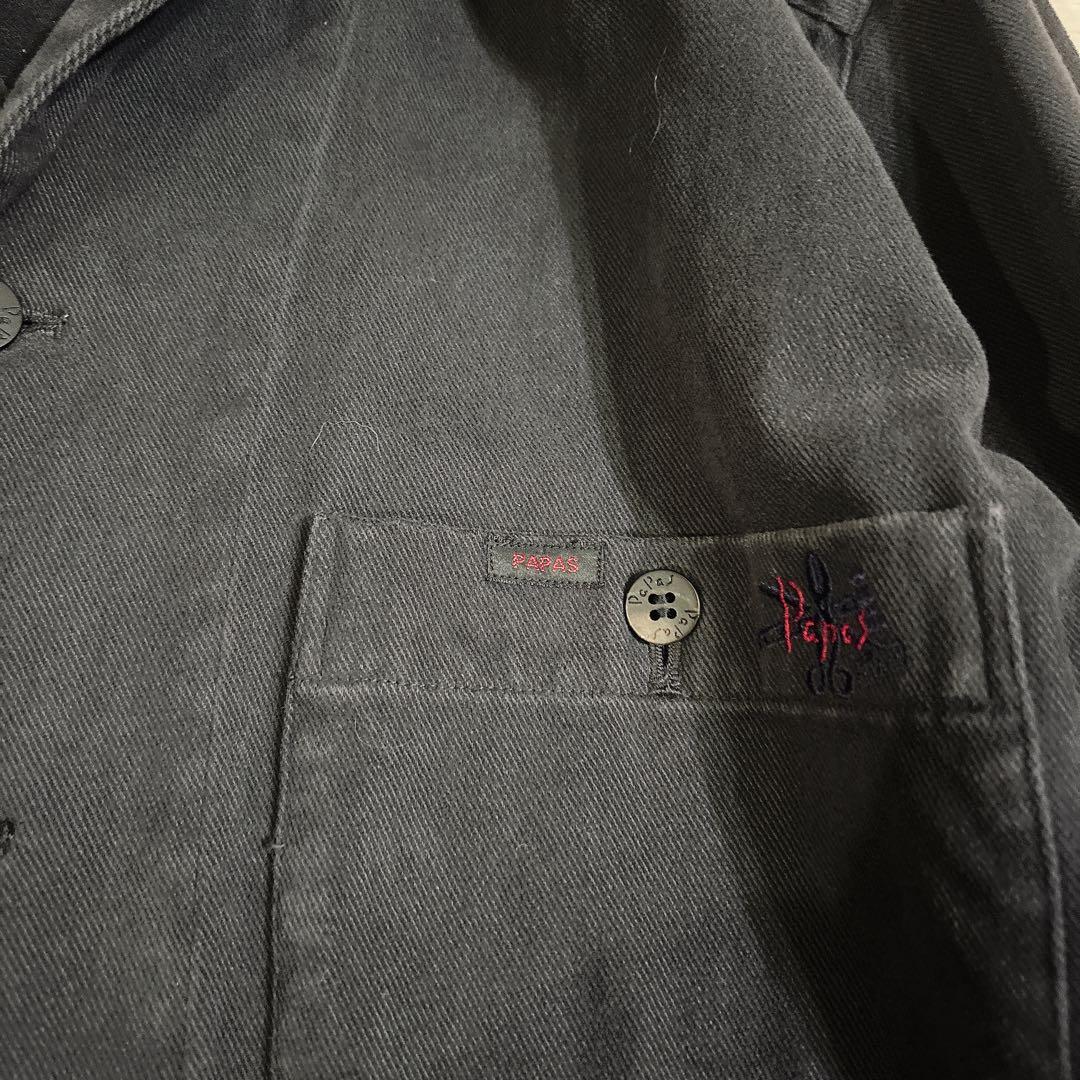 PAPAS カバーオール 襟袖 コーデュロイ ネイビー ブラック ロゴ刺繍