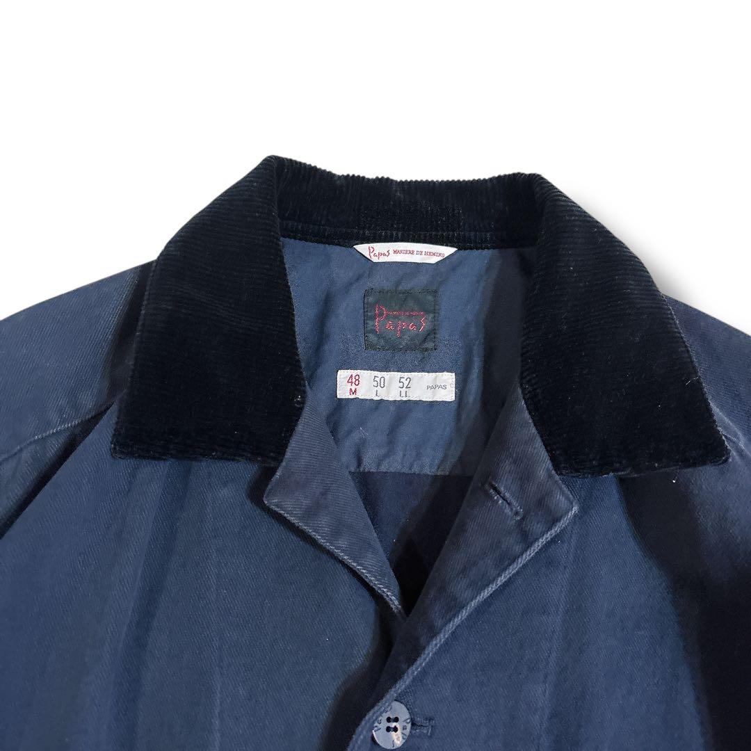 PAPAS カバーオール 襟袖 コーデュロイ ネイビー ブラック ロゴ刺繍