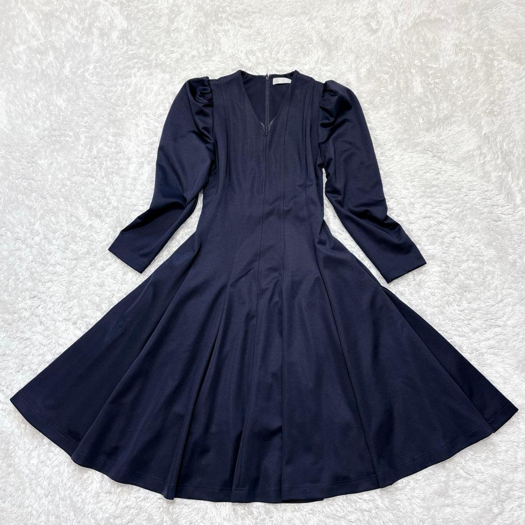 【CELFORD】セルフォード パフスリーブ Vネック フレアワンピース 濃紺