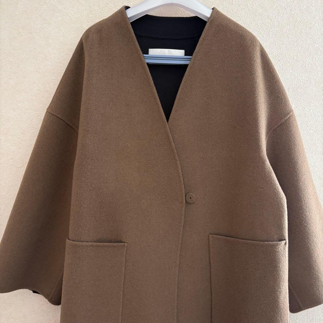 アドーア　ウール　カシミヤ　ノーカラー　リバー　コート　2トーン