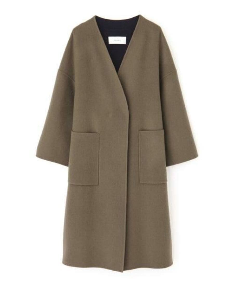 アドーア　ウール　カシミヤ　ノーカラー　リバー　コート　2トーン