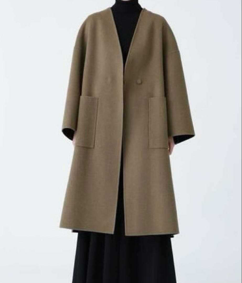 アドーア　ウール　カシミヤ　ノーカラー　リバー　コート　2トーン