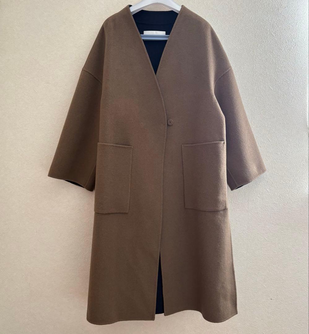 アドーア　ウール　カシミヤ　ノーカラー　リバー　コート　2トーン