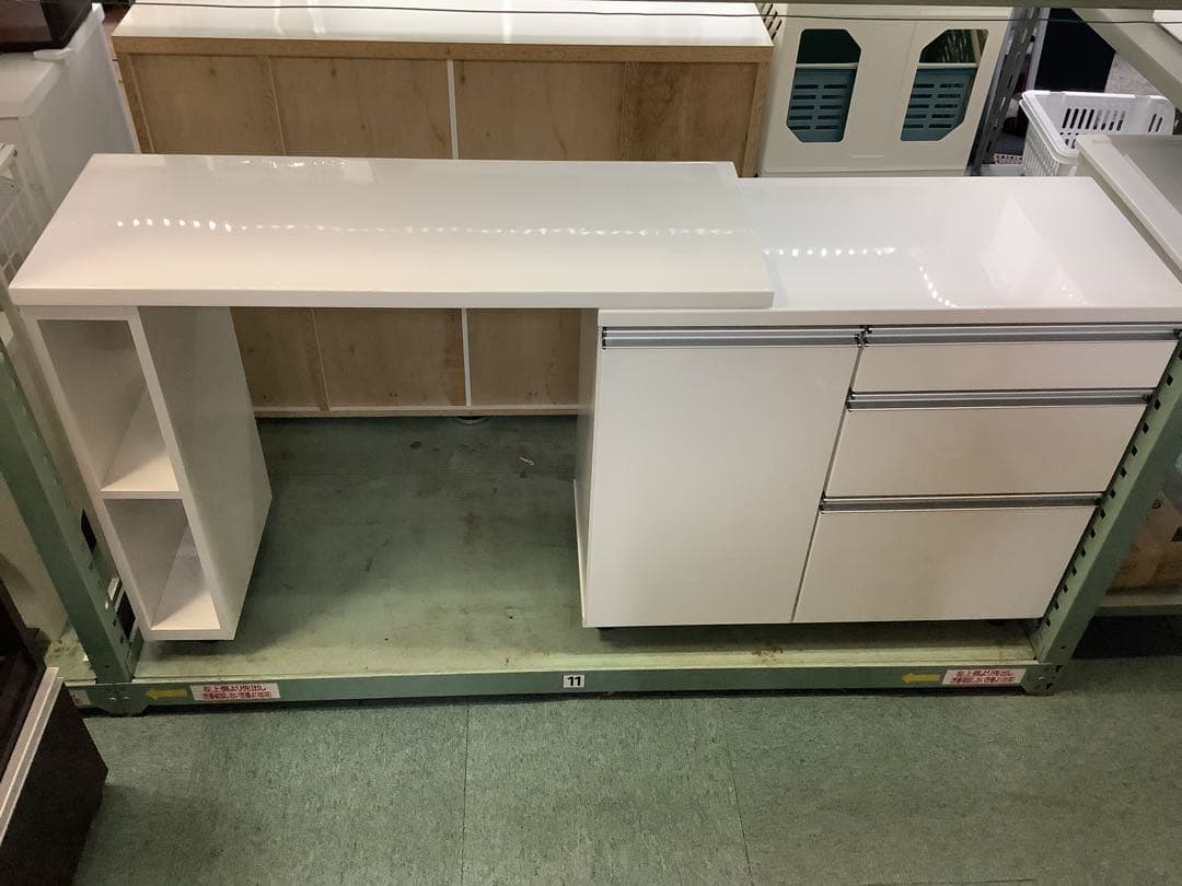 エナメルホワイト　伸縮式キッチンカウンター　キャスター付き