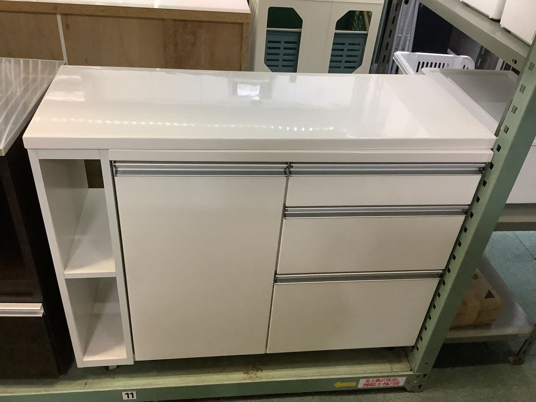 エナメルホワイト　伸縮式キッチンカウンター　キャスター付き