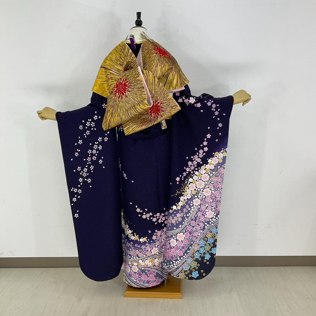お振袖 紺紫　辻が花　正絹　美品