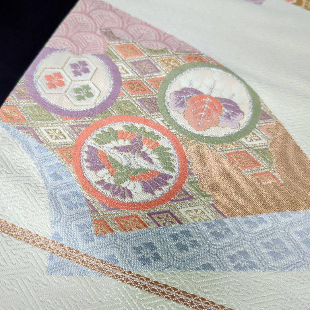 H-219 袋帯 正絹 六通 九寸 紗綾形 扇 五三の桐 三盛亀甲 菊 白