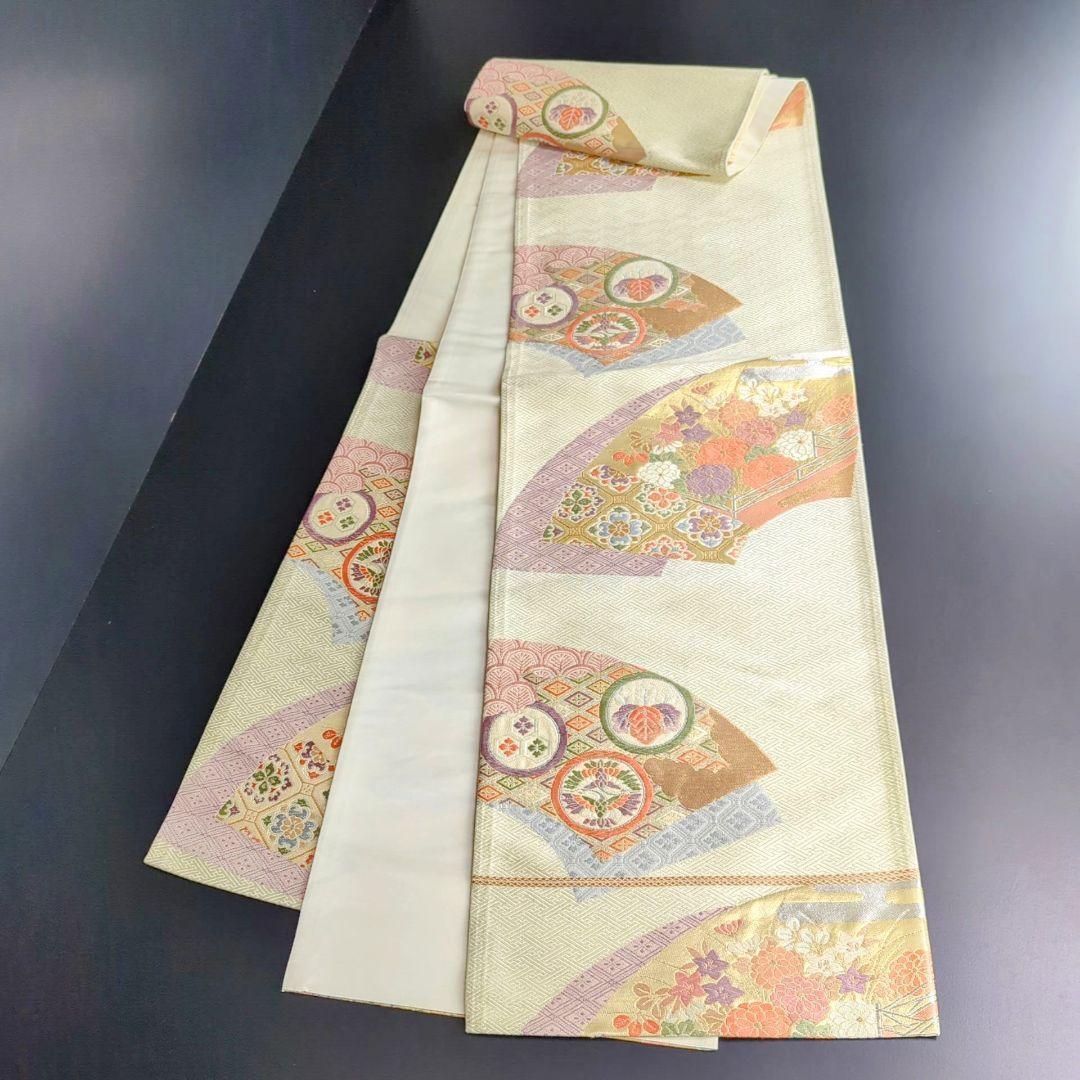 H-219 袋帯 正絹 六通 九寸 紗綾形 扇 五三の桐 三盛亀甲 菊 白