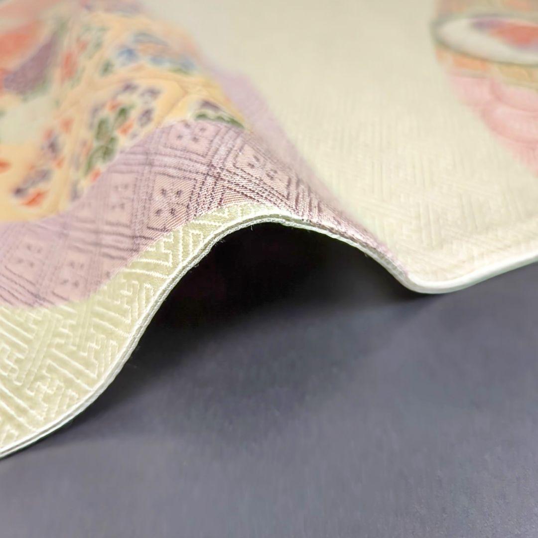 H-219 袋帯 正絹 六通 九寸 紗綾形 扇 五三の桐 三盛亀甲 菊 白