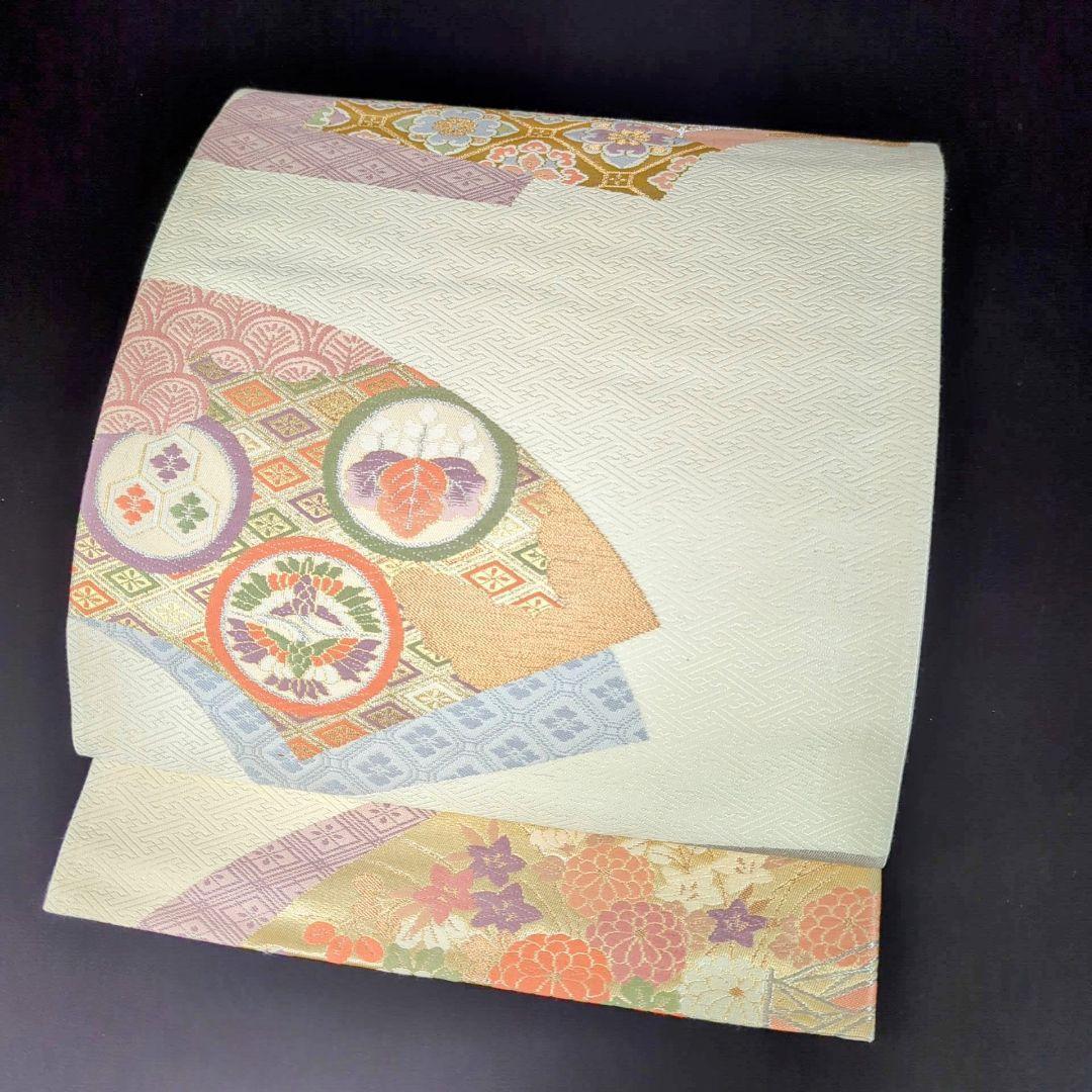 H-219 袋帯 正絹 六通 九寸 紗綾形 扇 五三の桐 三盛亀甲 菊 白