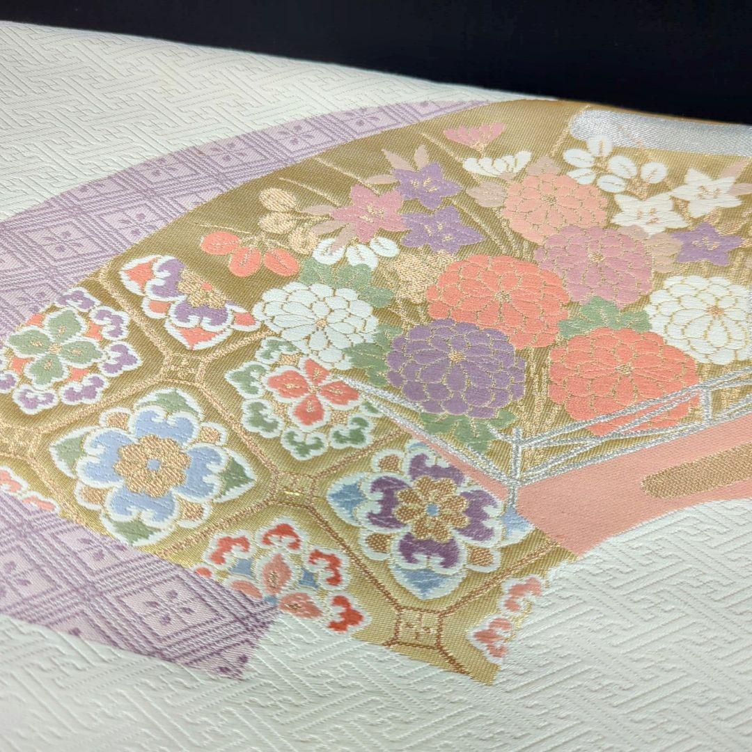 H-219 袋帯 正絹 六通 九寸 紗綾形 扇 五三の桐 三盛亀甲 菊 白