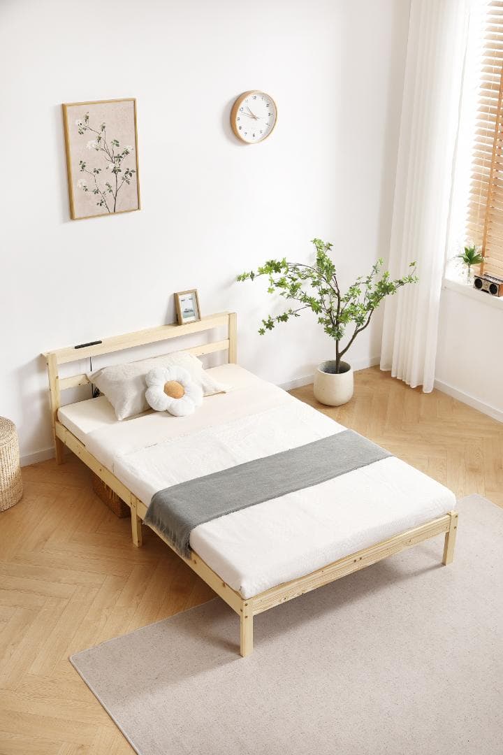 コンセント付き天然木ベッドフレーム　SD・NATURAL 2セット