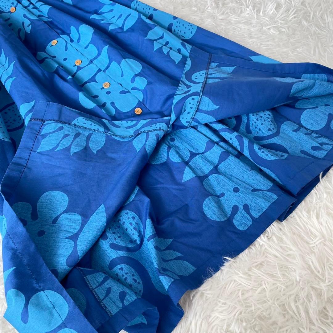 美品ハワイ製生地Mahaloロングワンピース南国モンステラパイナップル青リゾート