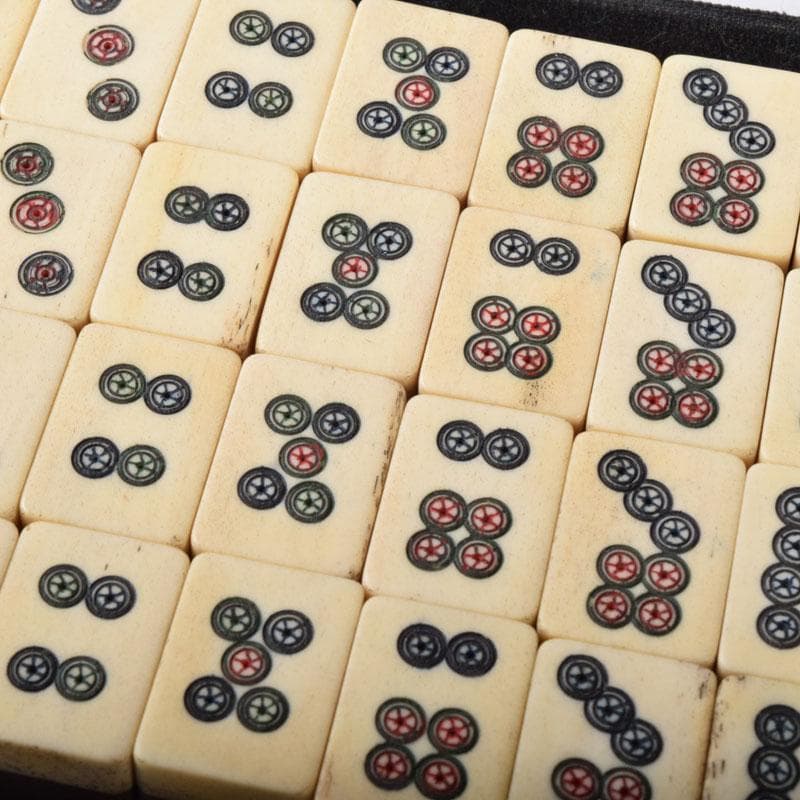 中国　竹嵌　骨牌　背竹牌　麻雀牌　皮製ケース付　V　7447