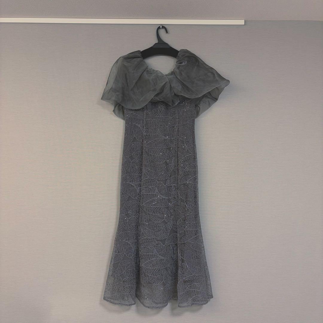 leja 2WAYオフショルダーパフスリーブマーメイドワンピースドレス グレーＳ