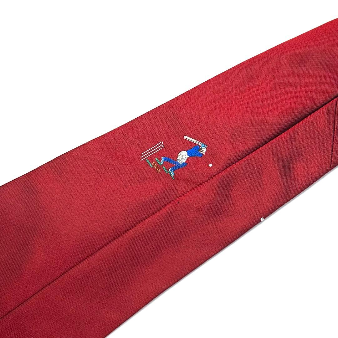 【新品タグ付き✨】オールドグッチ ネクタイ レッド 無地 クリケット ロゴ 希少