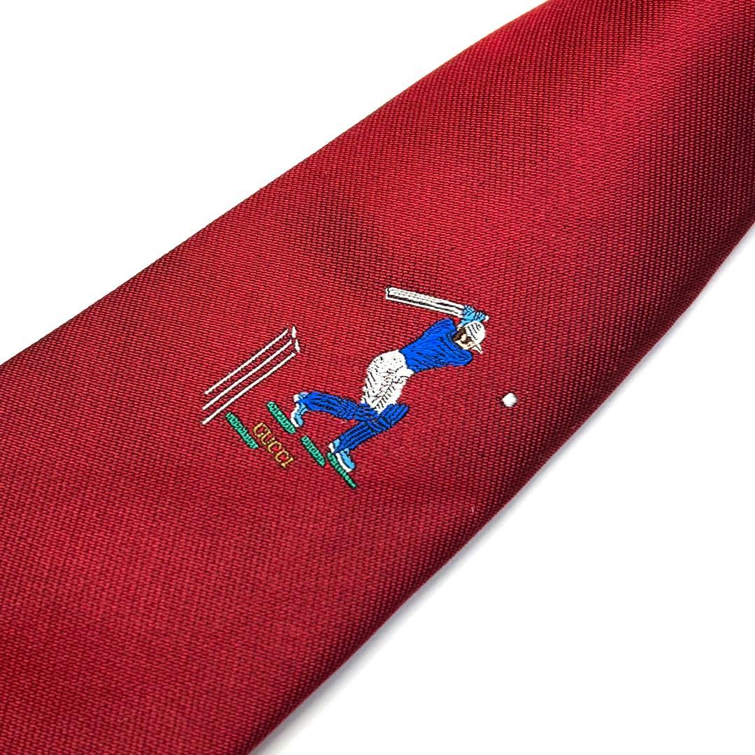 【新品タグ付き✨】オールドグッチ ネクタイ レッド 無地 クリケット ロゴ 希少