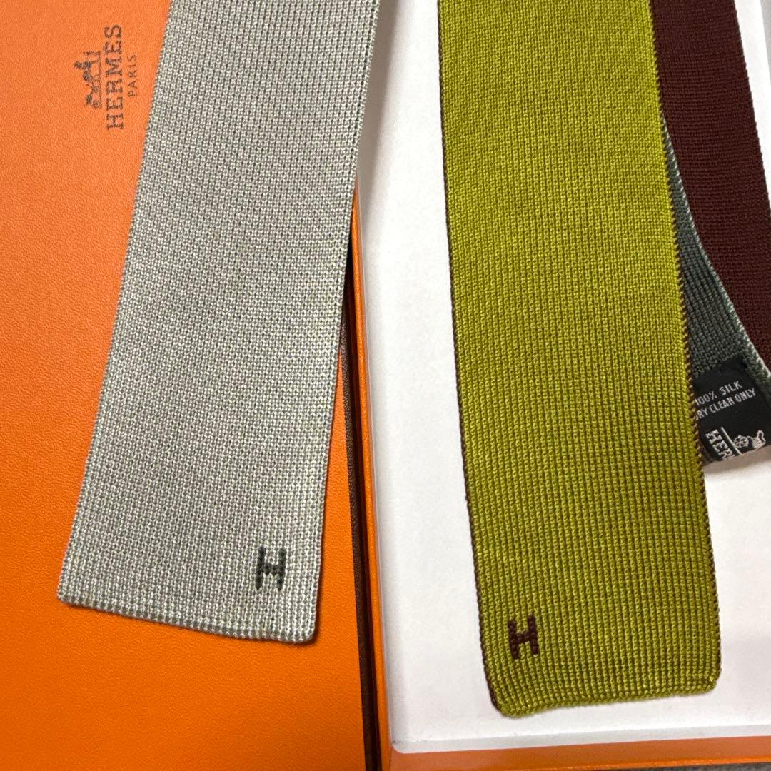 エルメス　ネクタイ　ニットタイ　4wax 緑エンジ・シルバー　無地　H柄