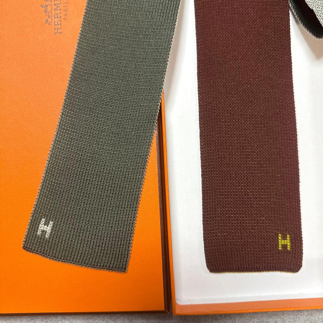 エルメス　ネクタイ　ニットタイ　4wax 緑エンジ・シルバー　無地　H柄