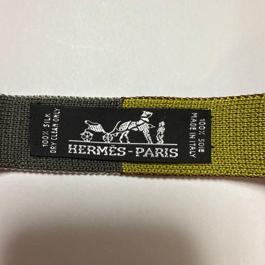 エルメス　ネクタイ　ニットタイ　4wax 緑エンジ・シルバー　無地　H柄