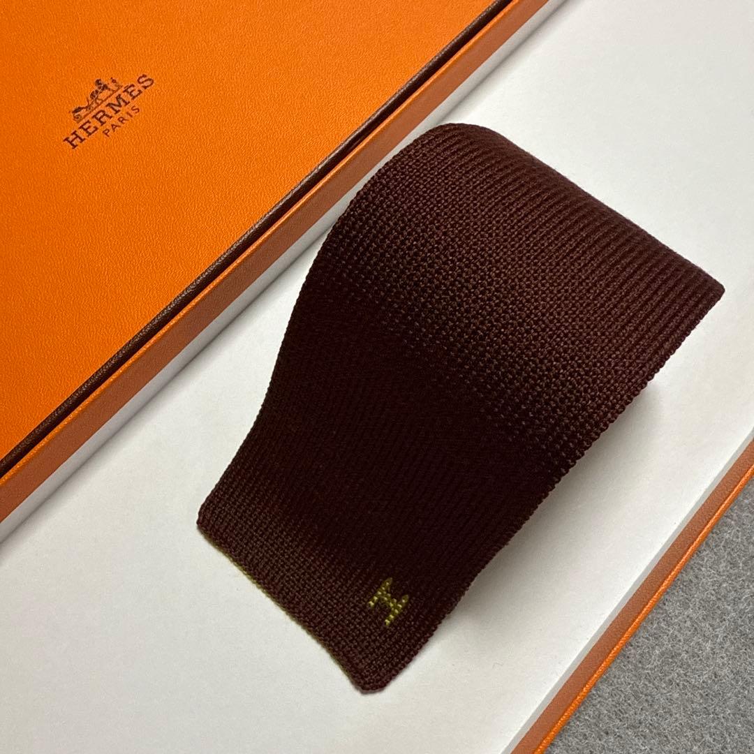 エルメス　ネクタイ　ニットタイ　4wax 緑エンジ・シルバー　無地　H柄