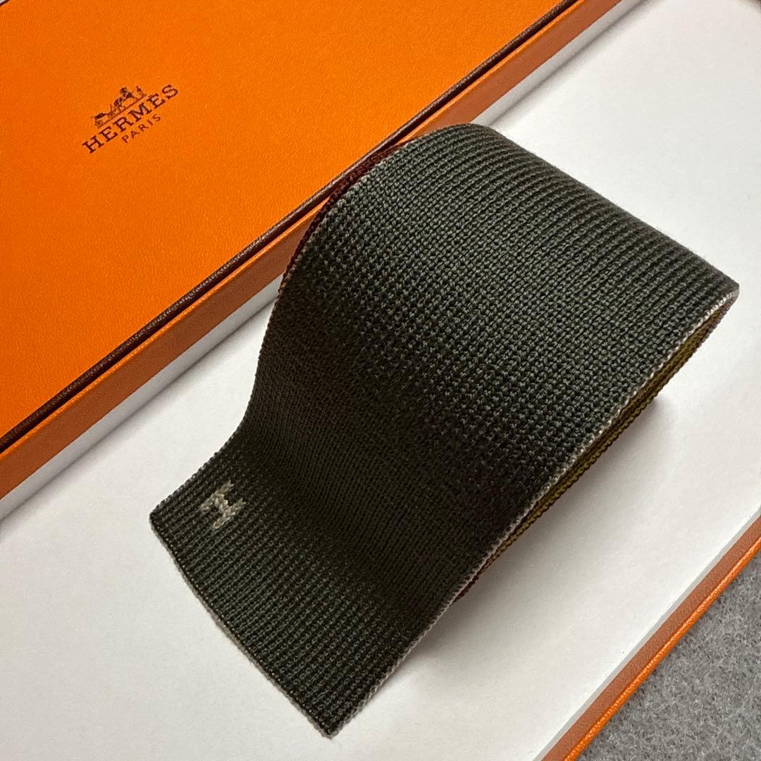 エルメス　ネクタイ　ニットタイ　4wax 緑エンジ・シルバー　無地　H柄