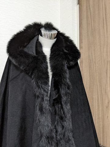 A794　フォックス　カシミヤ　ウール　マント　ショール　ケープ　フード付