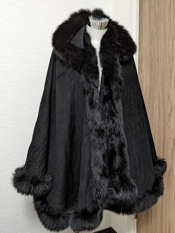 A794　フォックス　カシミヤ　ウール　マント　ショール　ケープ　フード付