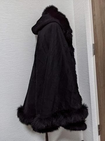 A794　フォックス　カシミヤ　ウール　マント　ショール　ケープ　フード付