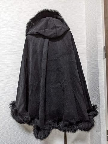 A794　フォックス　カシミヤ　ウール　マント　ショール　ケープ　フード付