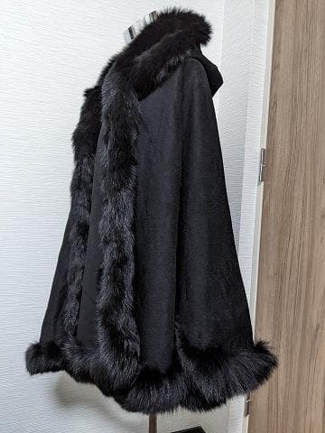 A794　フォックス　カシミヤ　ウール　マント　ショール　ケープ　フード付