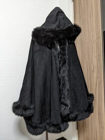 A794　フォックス　カシミヤ　ウール　マント　ショール　ケープ　フード付