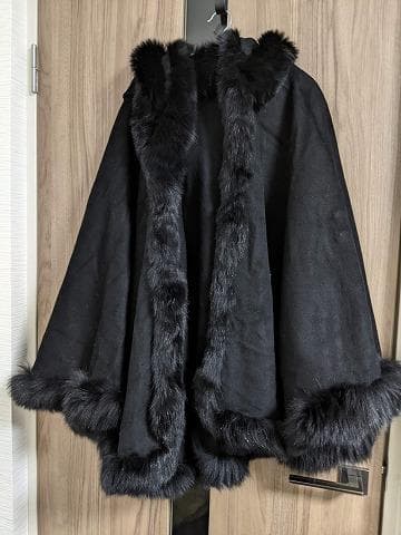 A794　フォックス　カシミヤ　ウール　マント　ショール　ケープ　フード付