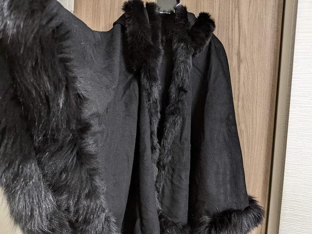 A794　フォックス　カシミヤ　ウール　マント　ショール　ケープ　フード付
