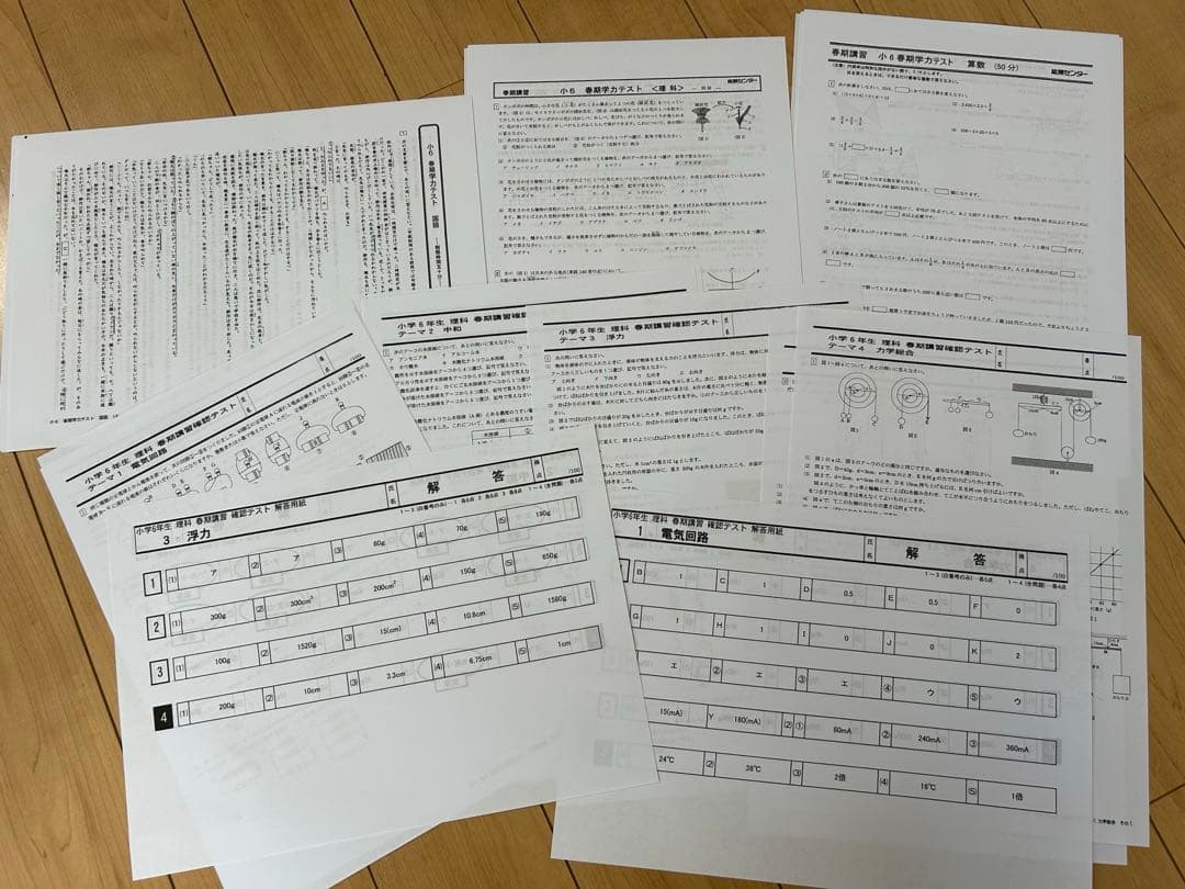 能開センター小６公開模試一年分4科目、算数最難関資料、春季講習資料