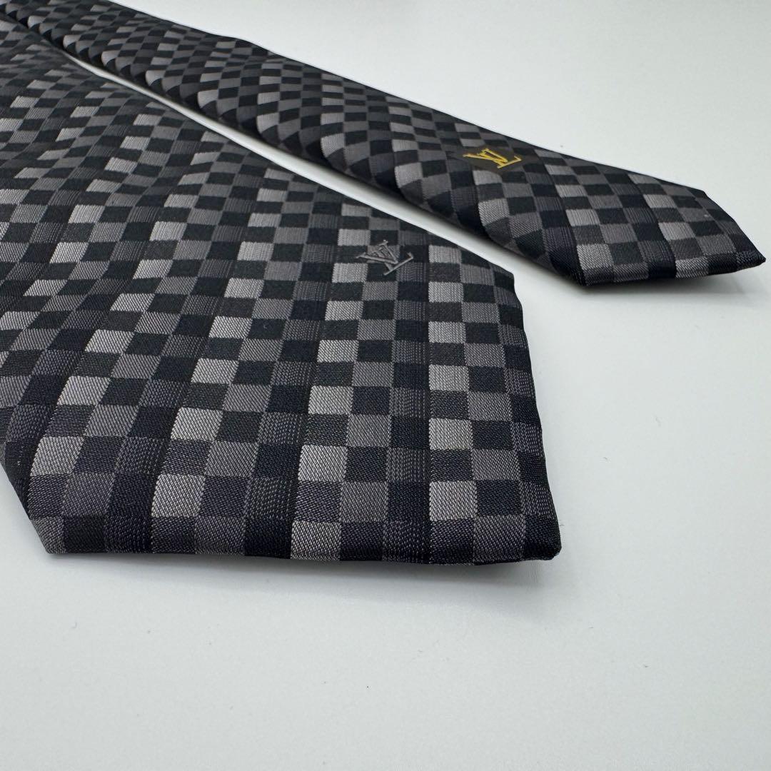 極美品◎ルイヴィトン　ネクタイ　ダミエ　クラヴァット　ストライプ　ジャガード　黒