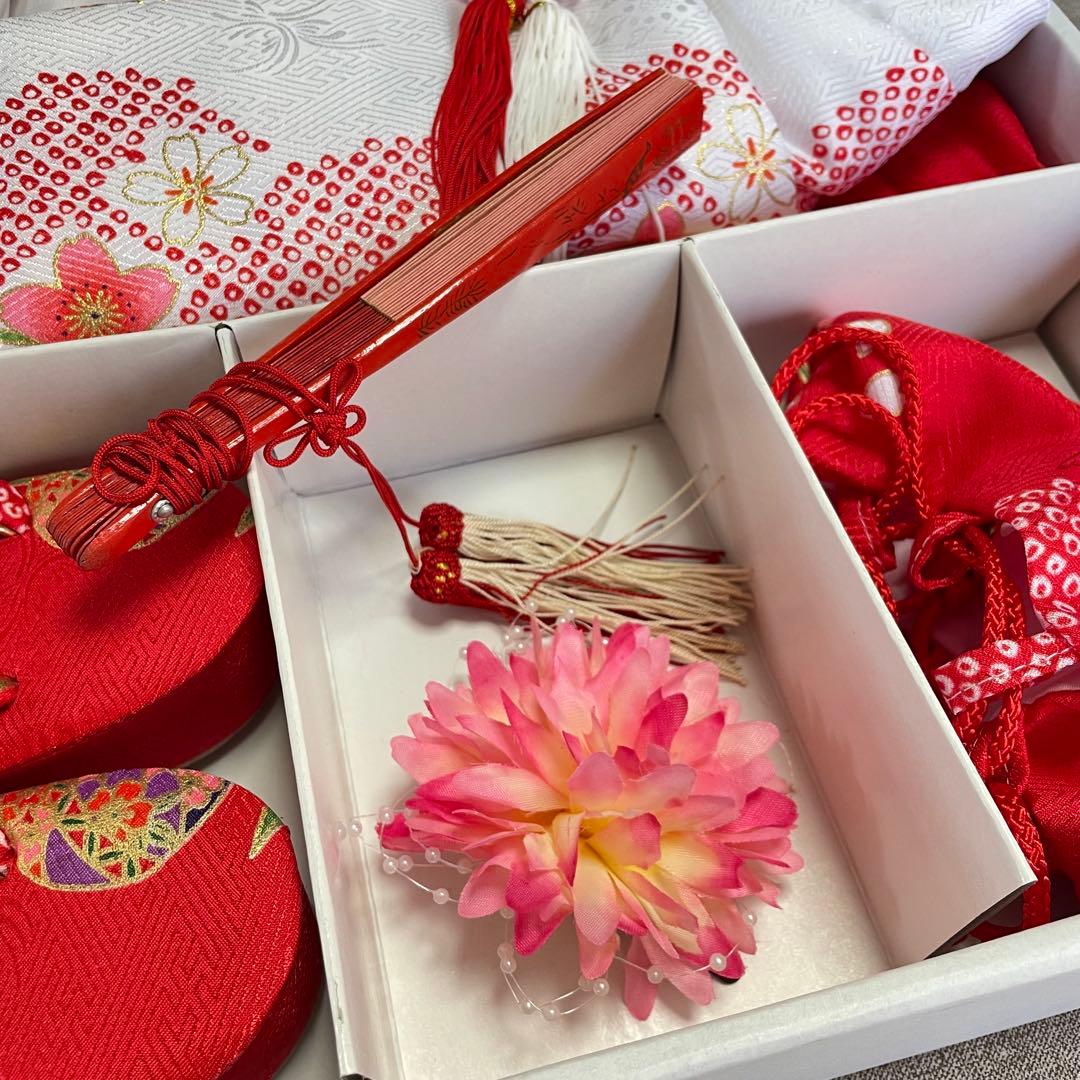 七五三着物被服セット7点 赤白 箱付