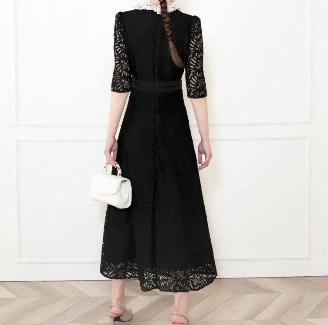 【セール】Leja レースビックカラー花柄刺繍ウエストマークロングドレス