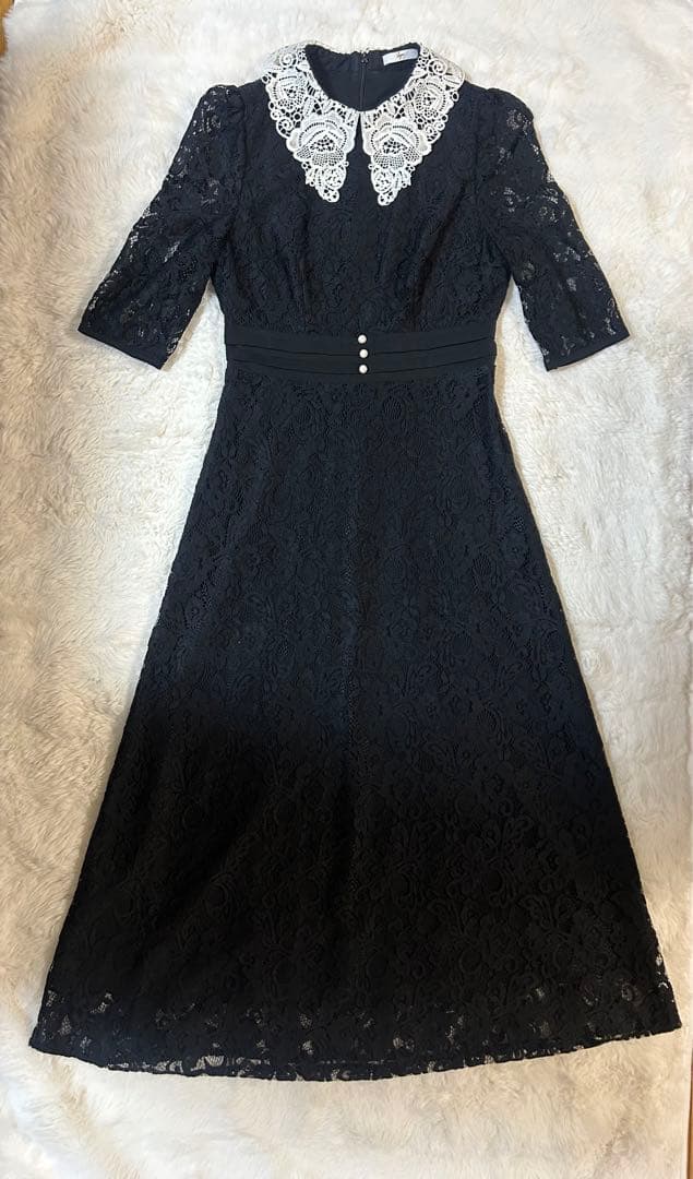 【セール】Leja レースビックカラー花柄刺繍ウエストマークロングドレス