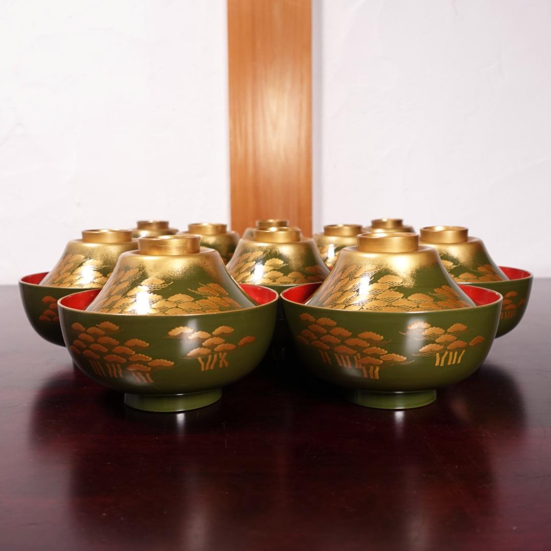 江戸時代後期の蒔絵師 橘屋浅野友七 一富士二鷹三茄子図 蒔絵 吸物椀 10客