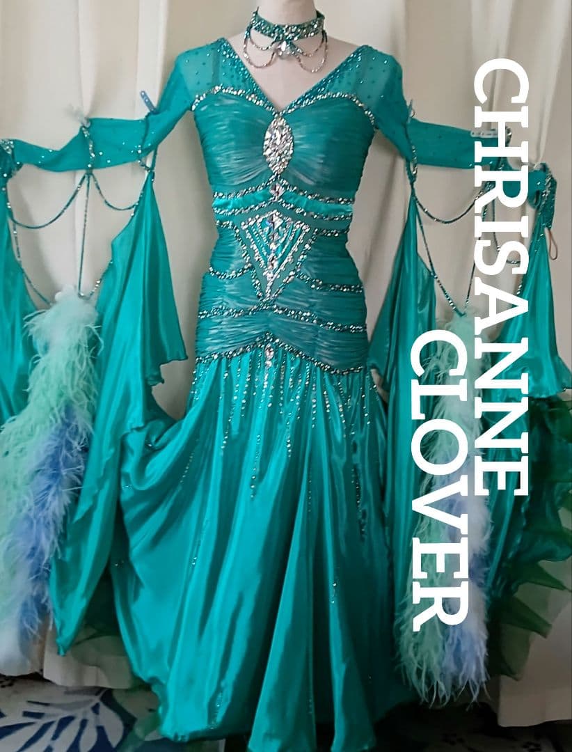 社交ダンスドレス！英国CHRISANNE 製オーストリッチ ターコイズグリーン！