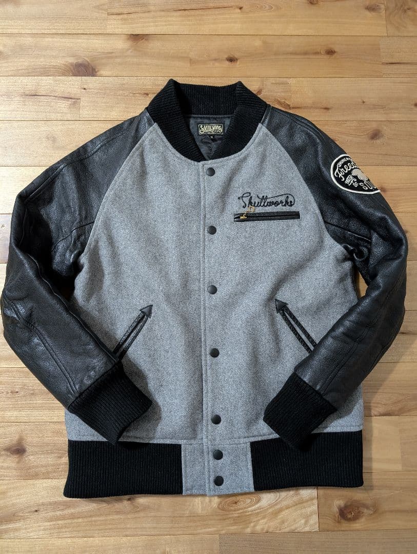 美品 スカルワークス　牛革　スタジャン　河内鉄生着用　背面ビックロゴ刺繍 貴重色