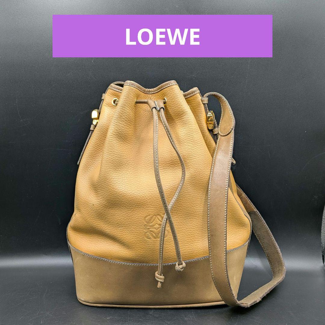 LOEWE ショルダーバッグ 巾着 アナグラム ベージュ ブラウン レザー