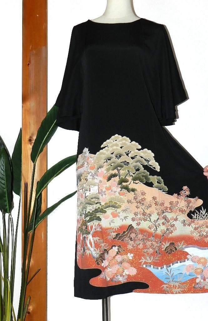 留袖　ワンピース　ドレス　フレアー袖　手書き友禅染　正絹　481　夢ちりめん