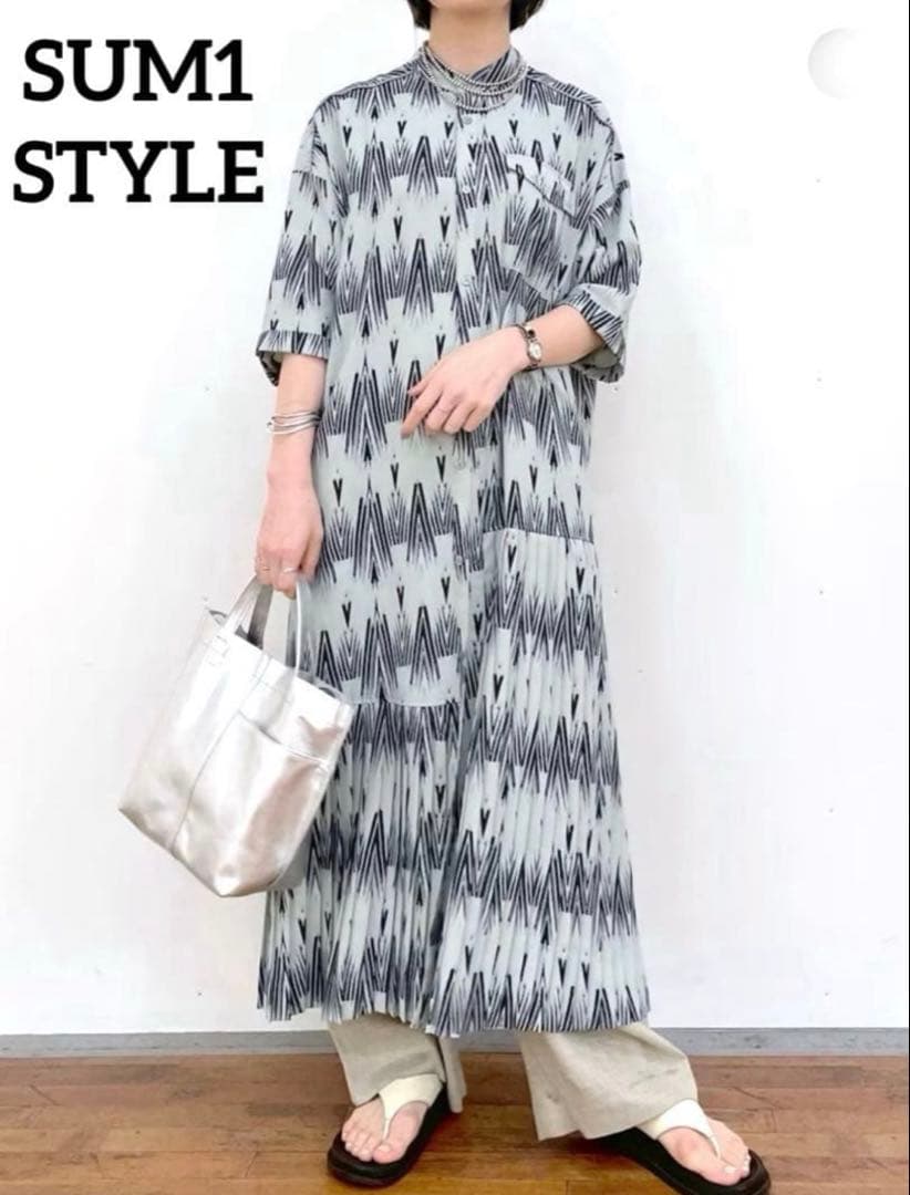 【美品】イアパピヨネ 七分袖アンダープリーツ柄プリントワンピース